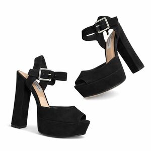 STEVE MADDEN Black Suede Platform Heels Size 5.5 Peep Toe Ankle Strap Chunky